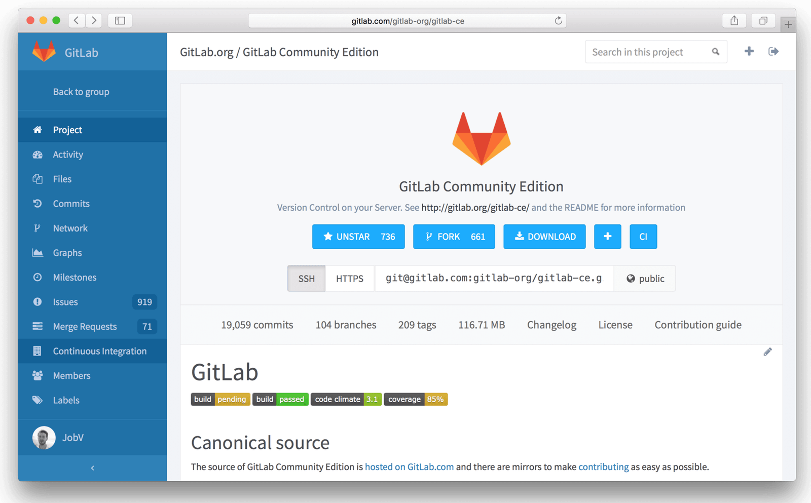 Stranica projekta GitLab Community Edition u starijoj verziji sučelja GitLaba