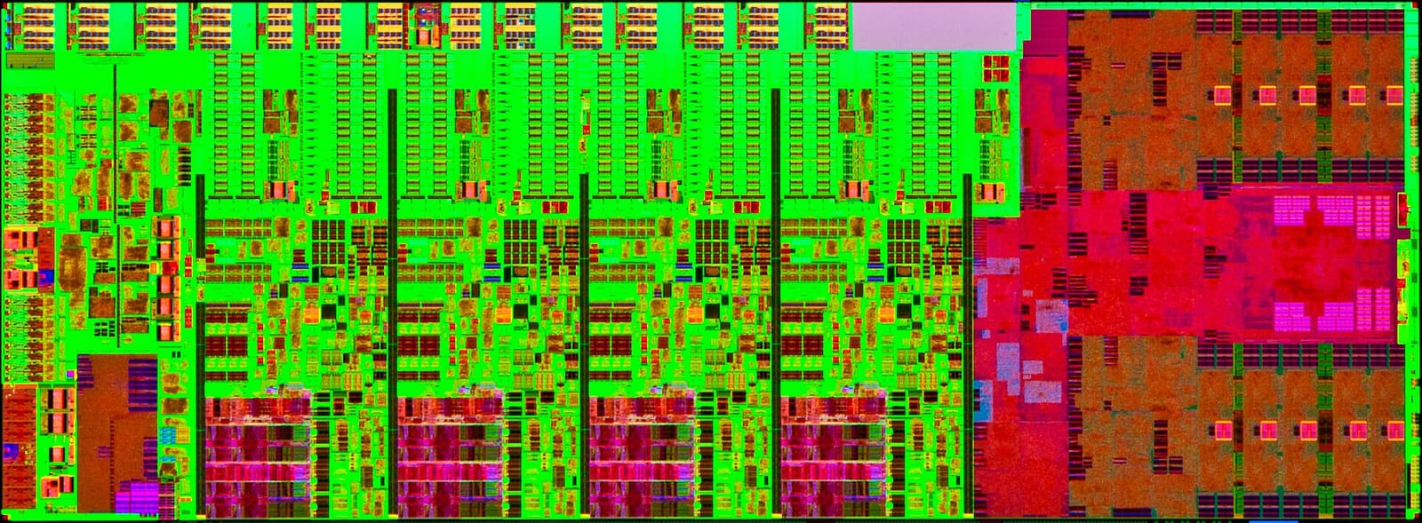 Obojena snimka jezgre procesora Intel Core na kojoj se vide jezgre i priručna memorija