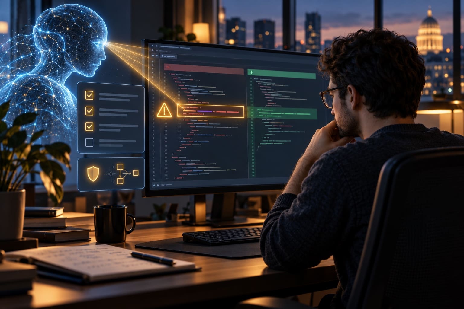 Programer pregledava izmjenu koda preglednika dok AI analiza označava mogući sigurnosni propust.