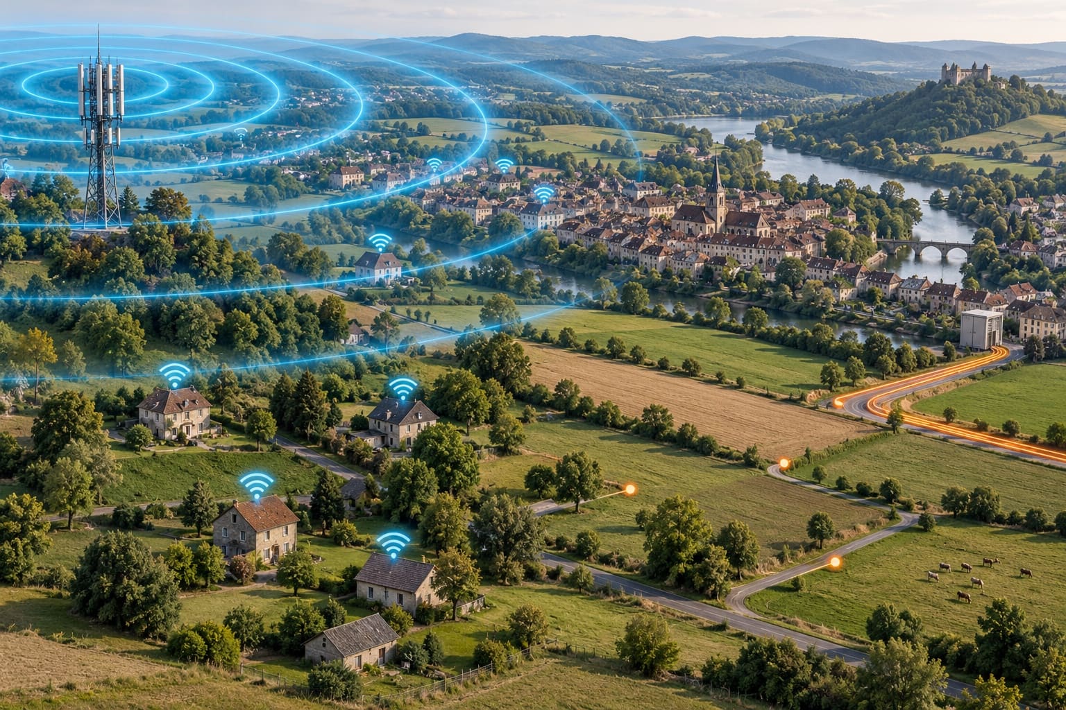 5G antena pokriva kuće u ruralnom krajoliku, dok optički kabel ne stiže do njih.